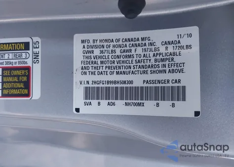 2011 Honda Civic Ex-L z USA, uszkodzony, nr VIN 2HGFG1B99BH508300